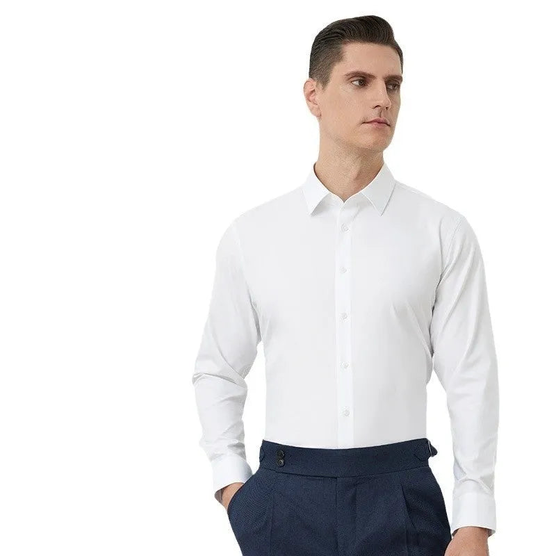 Men's regular fit non-ironing mulberry silk shirt in light blue with long sleeves, micro-elastic fabric