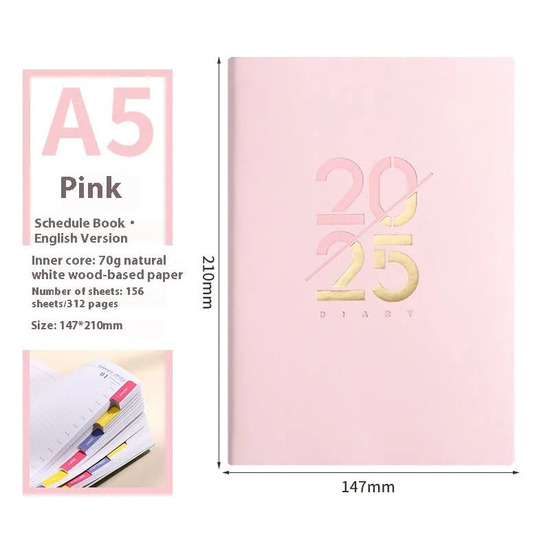 2025 A5 daily plan schedule book with soft faux leather cover in blue, pink, yellow, purple and green