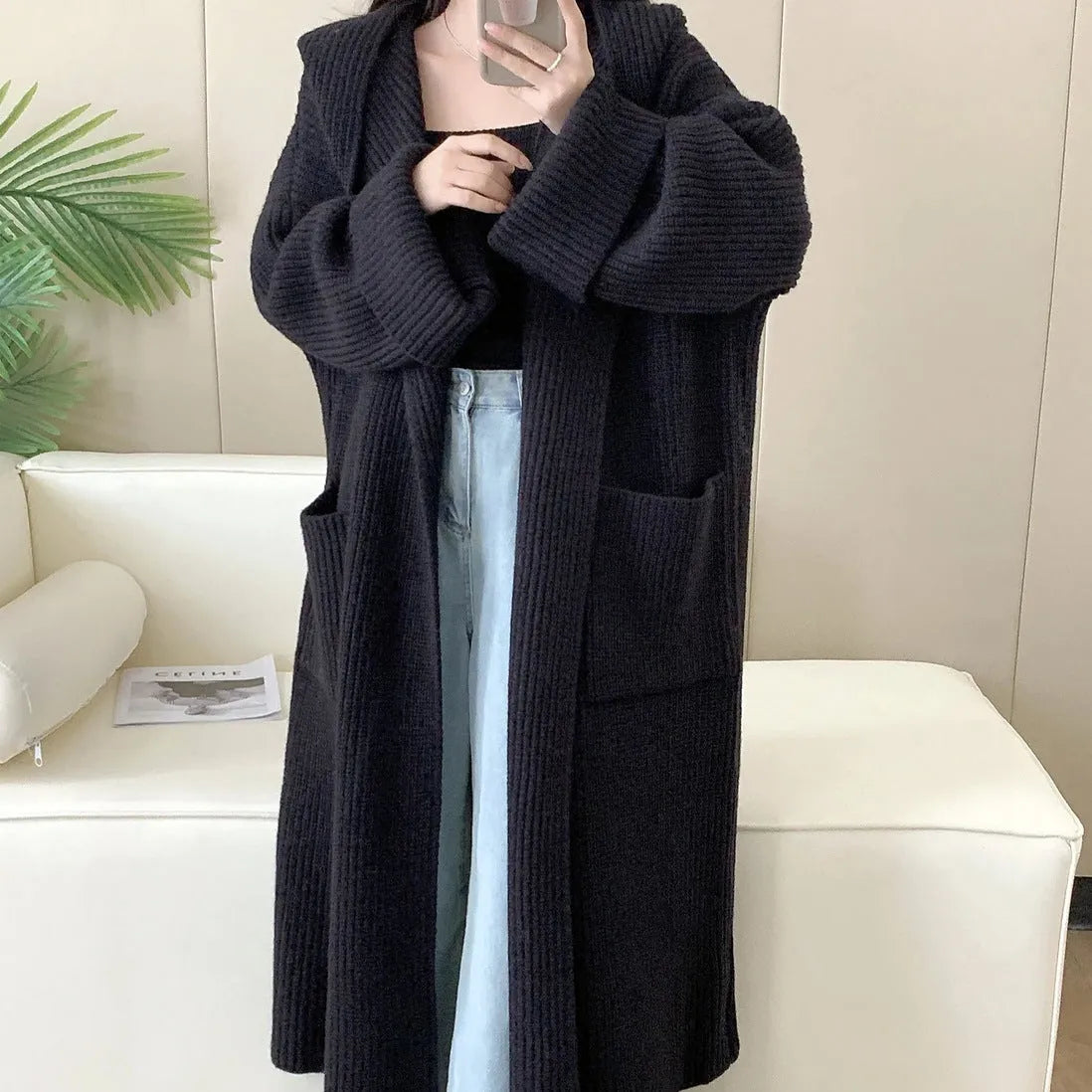 Women's loose hooded cardigan coat in acrylic fabric with extended length and raglan sleeves