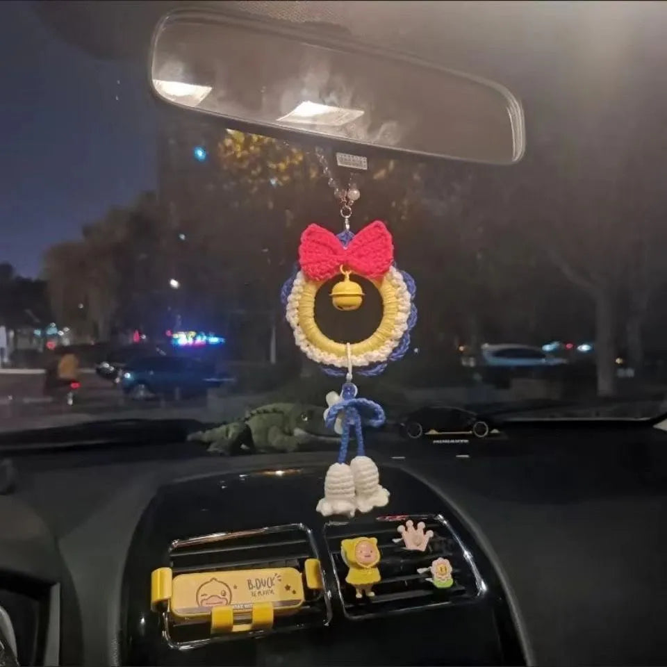 Snow White handmade plush yarn weaving car hanging ornament with red wind chime option