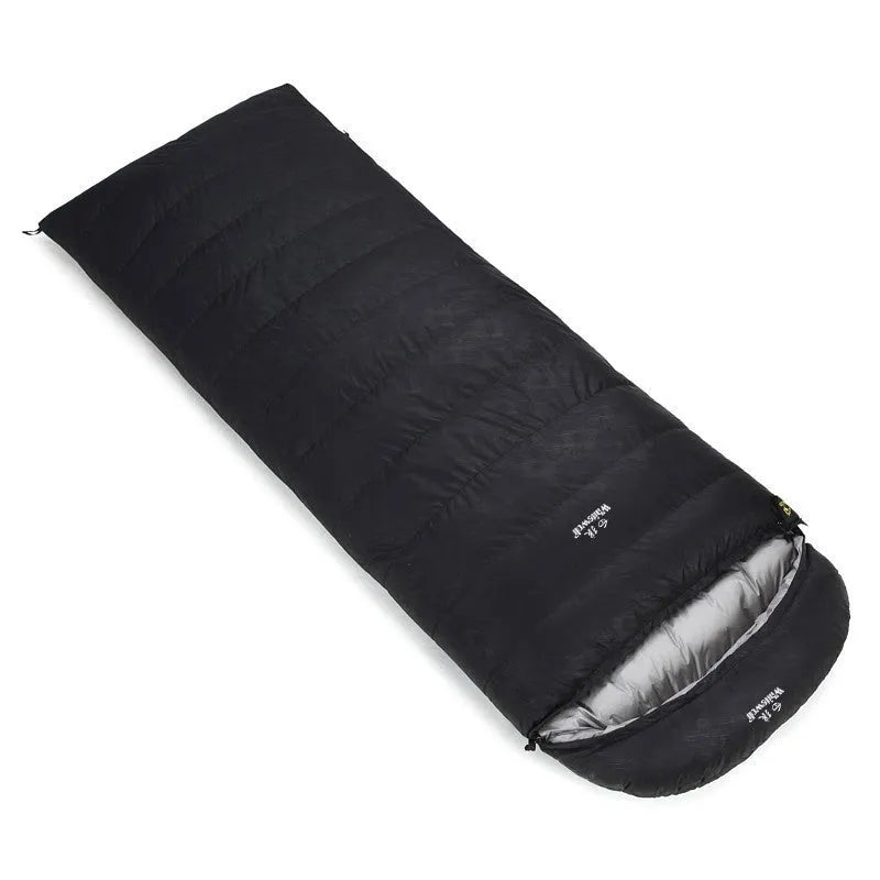 Black outdoor sleeping bag with goose down filling and nylon exterior