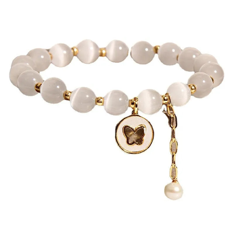 White cat's eye crystal bracelet with geometric beads, Korean-style design, manual finish