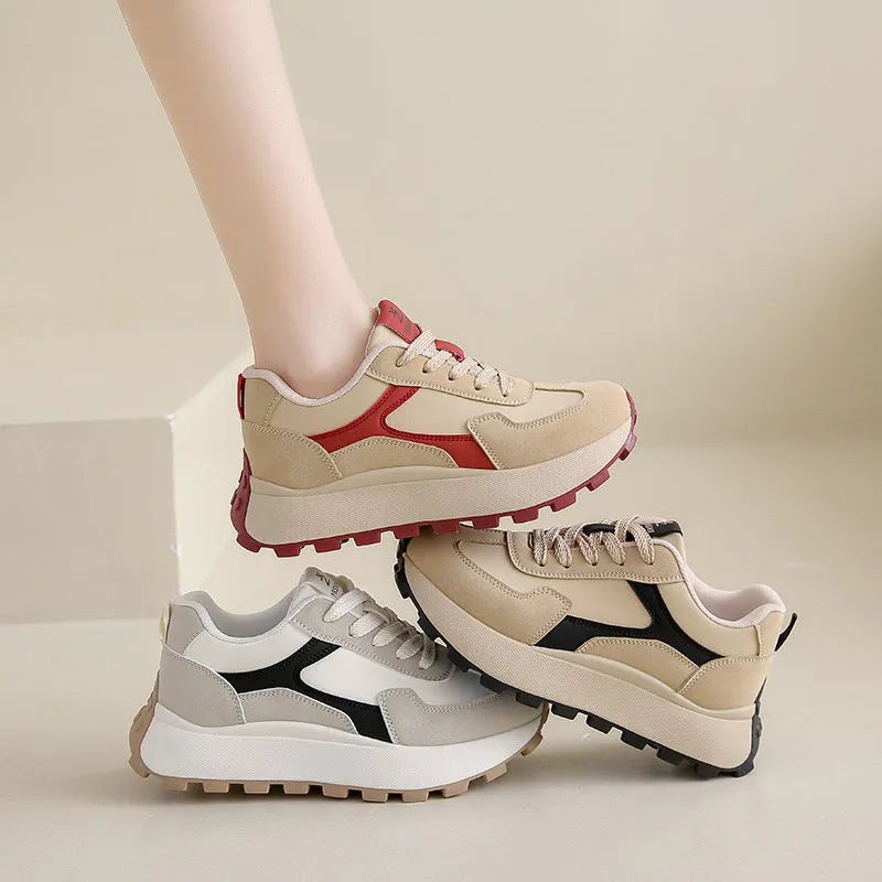 Women's low-top lace-up platform sneakers in three colours with a rubber sole and mesh lining.