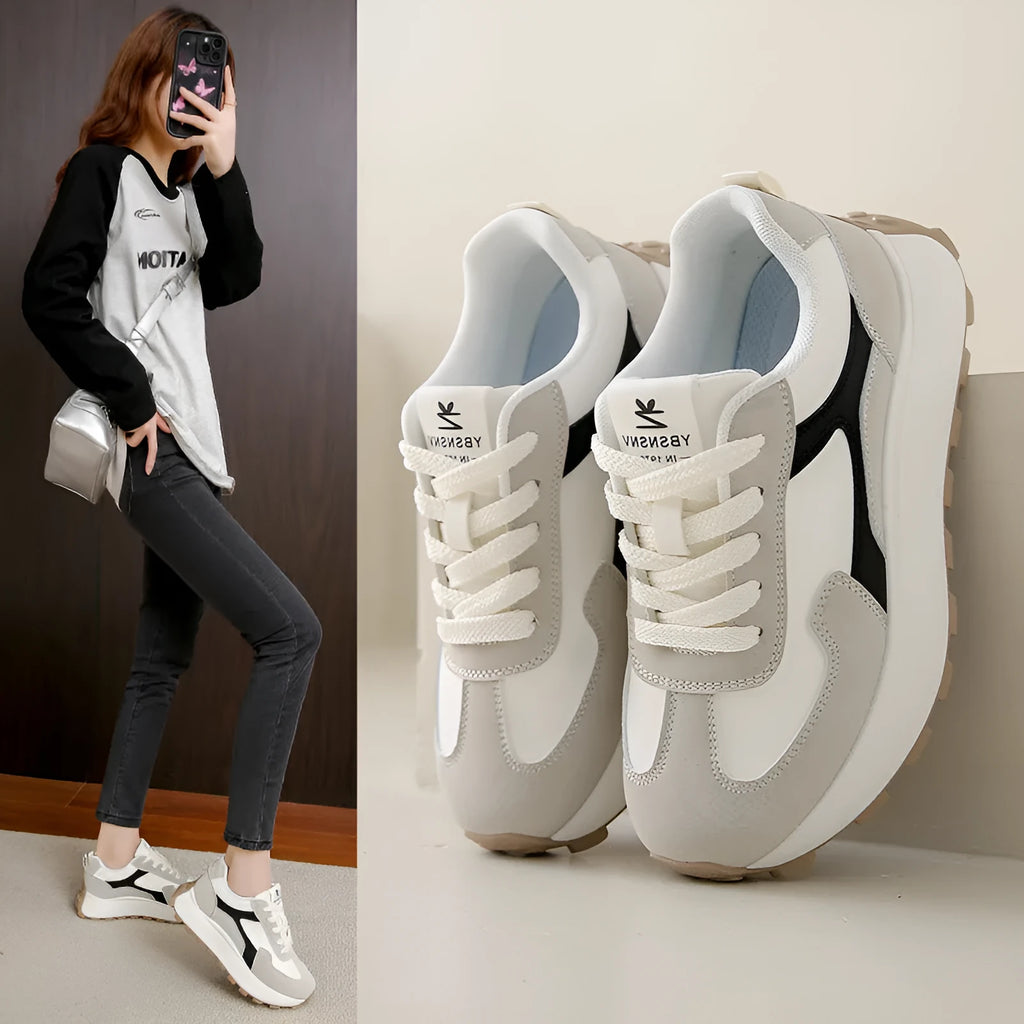 Women's low-top lace-up platform sneakers in three colours with a rubber sole and mesh lining.