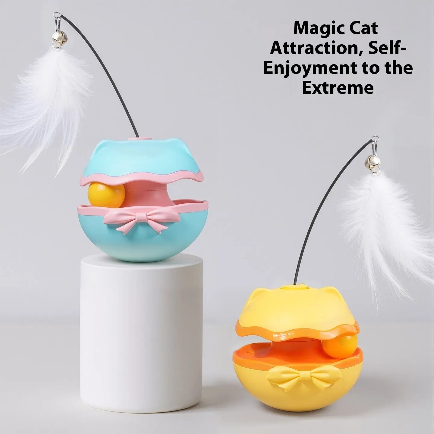 Electric cat teaser wand with rotating butterfly attachment in lemon yellow, sky blue, or soft fog grey colours