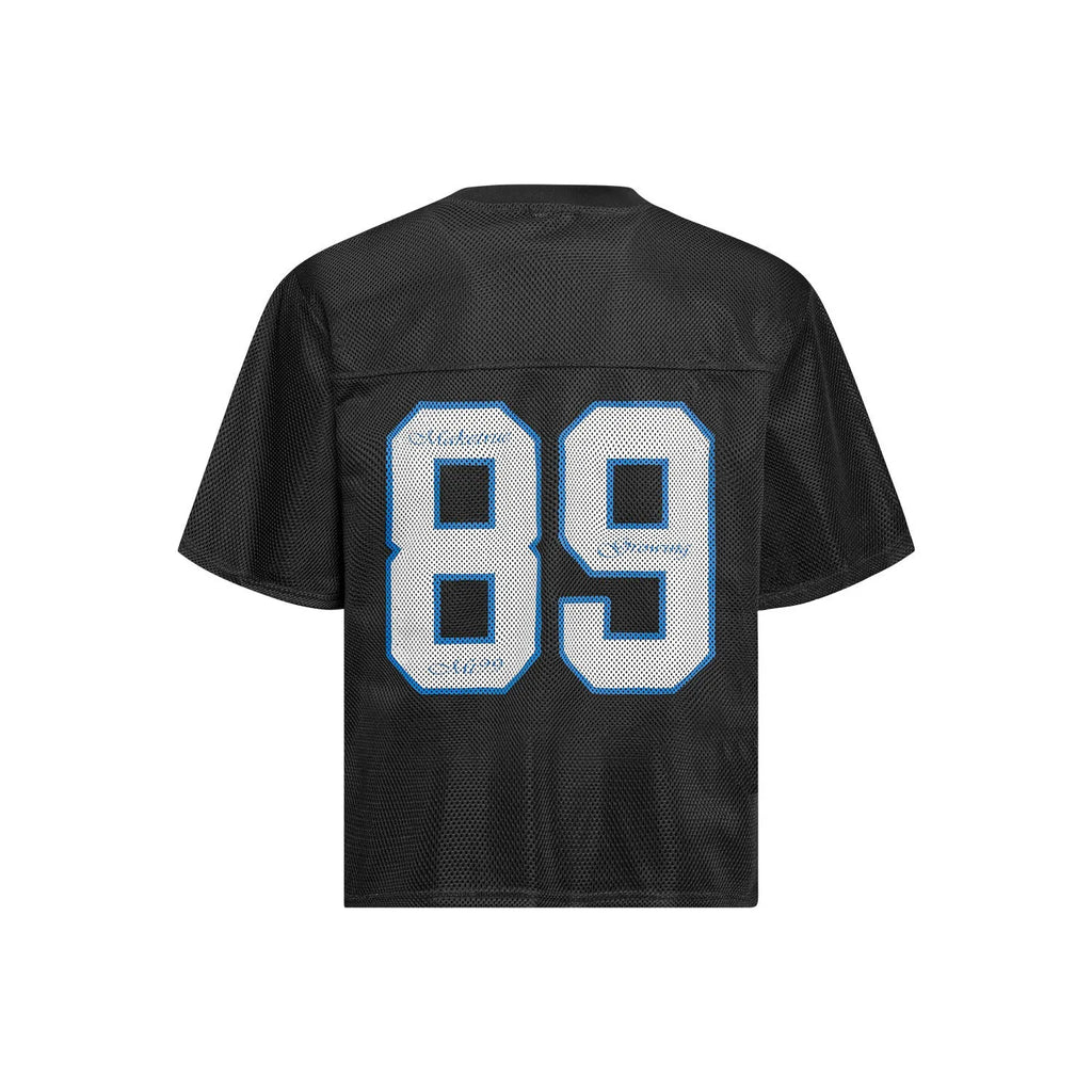 Man's loose-fit black t-shirt with alphanumeric graphic print on the front.