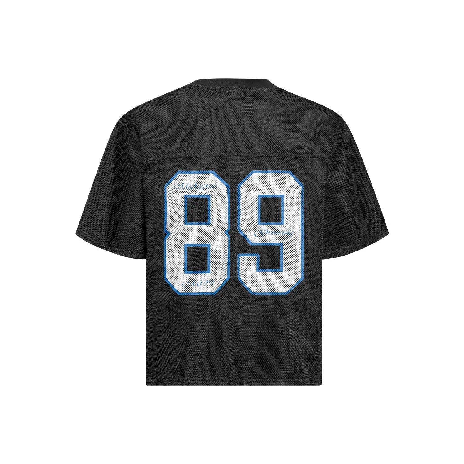 Man's loose-fit black t-shirt with alphanumeric graphic print on the front.