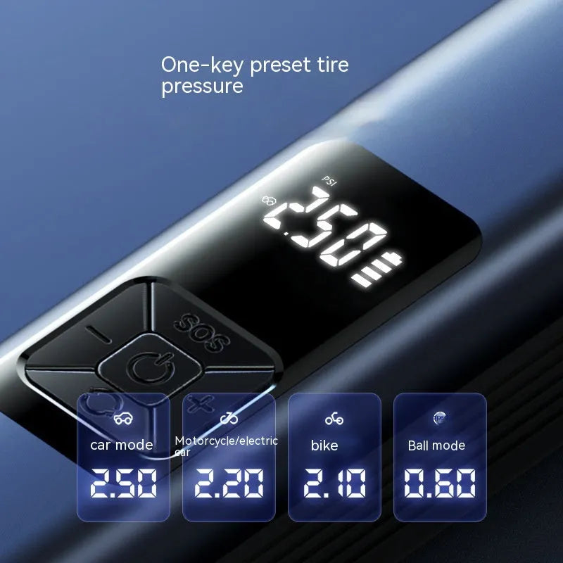 Wireless digital display car air pump with vacuum cleaner function and emergency lighting