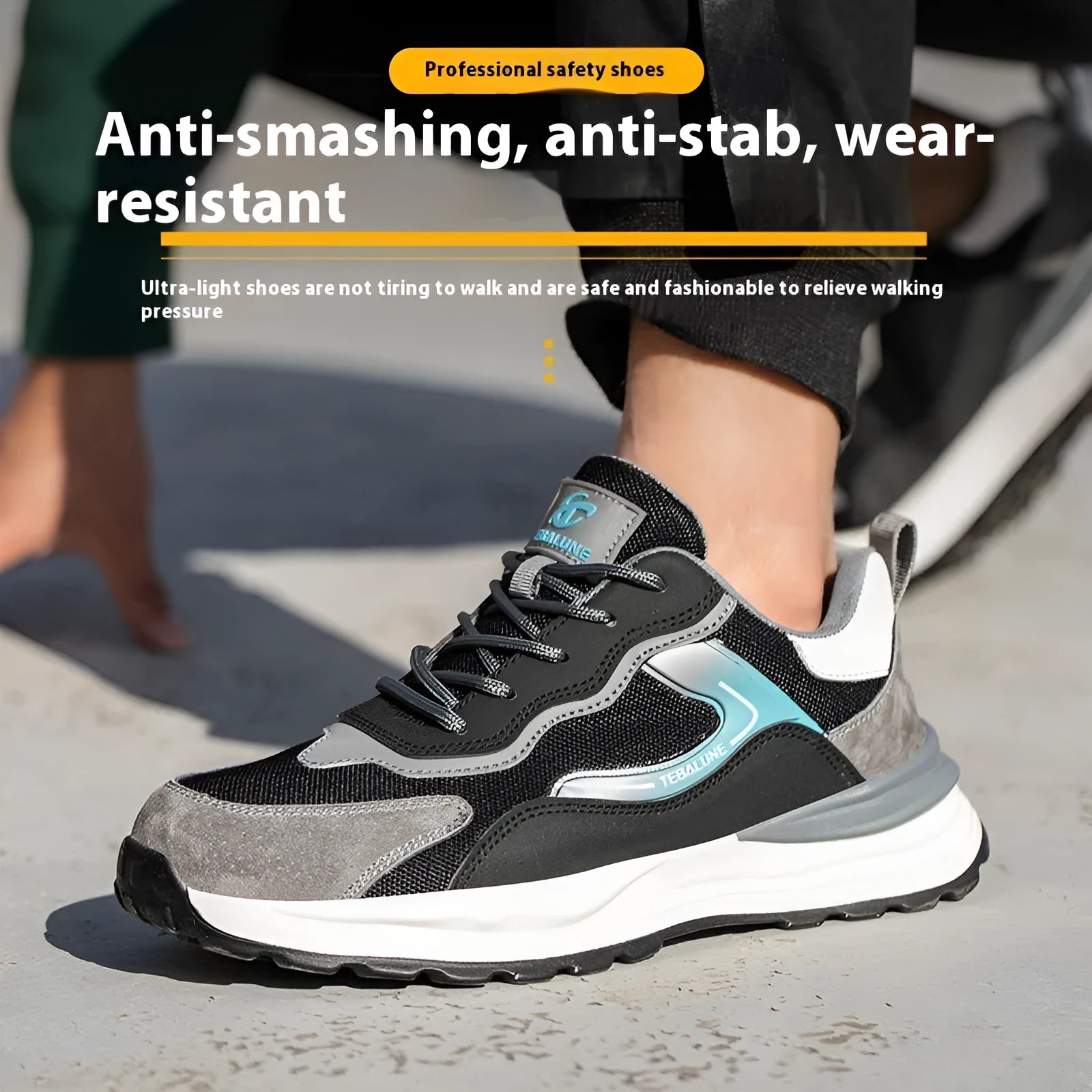 Men's low-top safety work shoes with nubuck leather and flyknit mesh upper, plastic steel toe, and PU sole