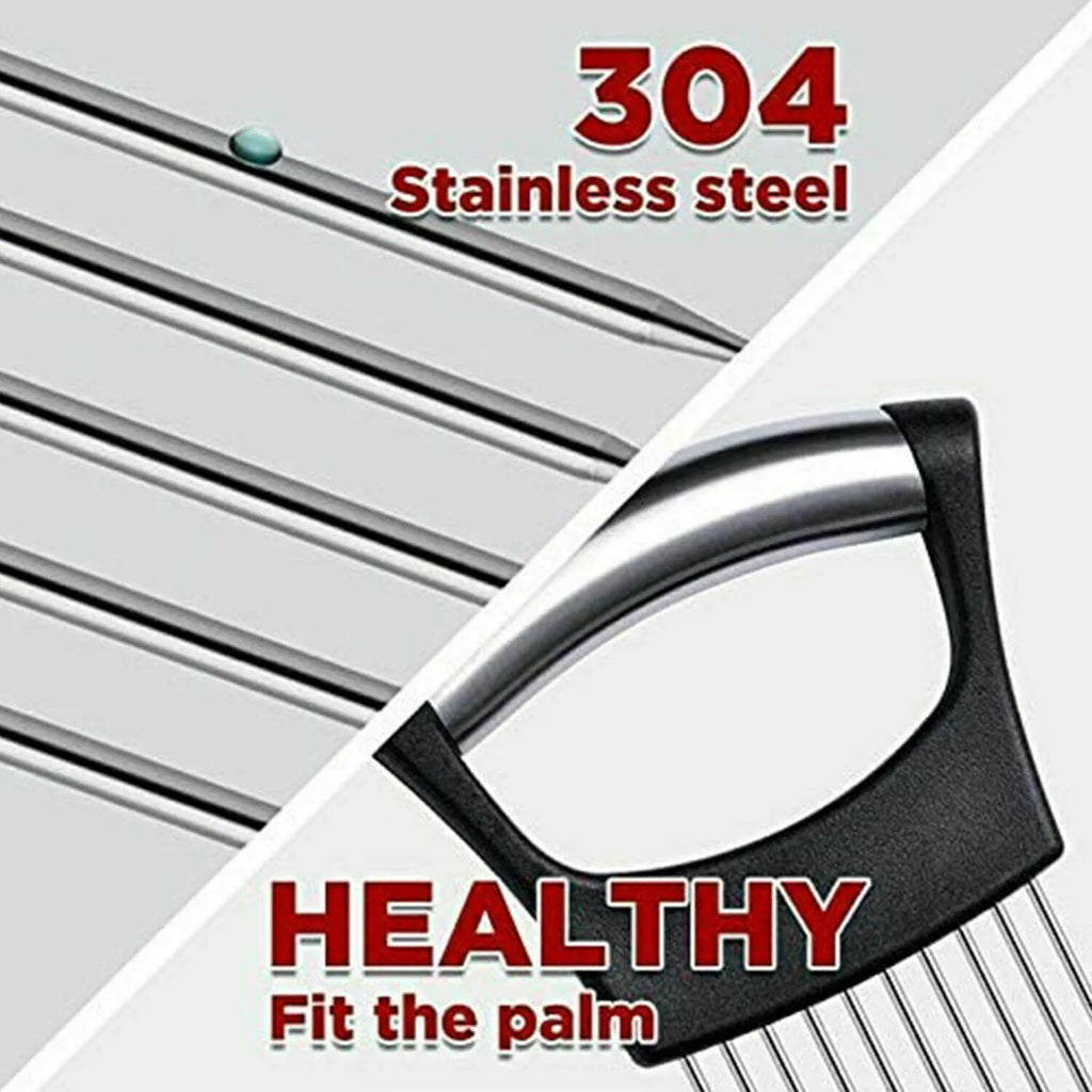 Stainless steel onion holder slicer with non-slip base on a kitchen counter next to a tomato and knife