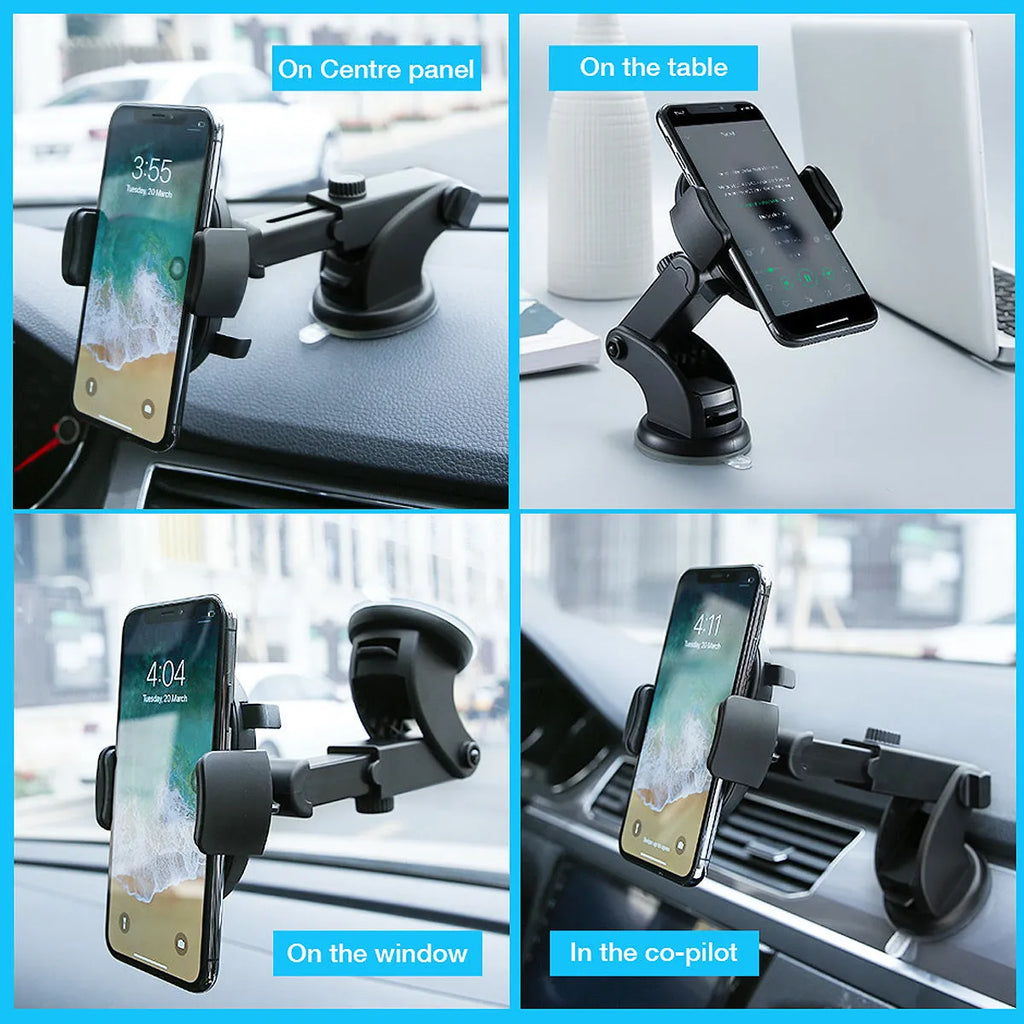 Black telescopic car dashboard phone holder with extended arm and gel suction cup mounted on a textured surface.