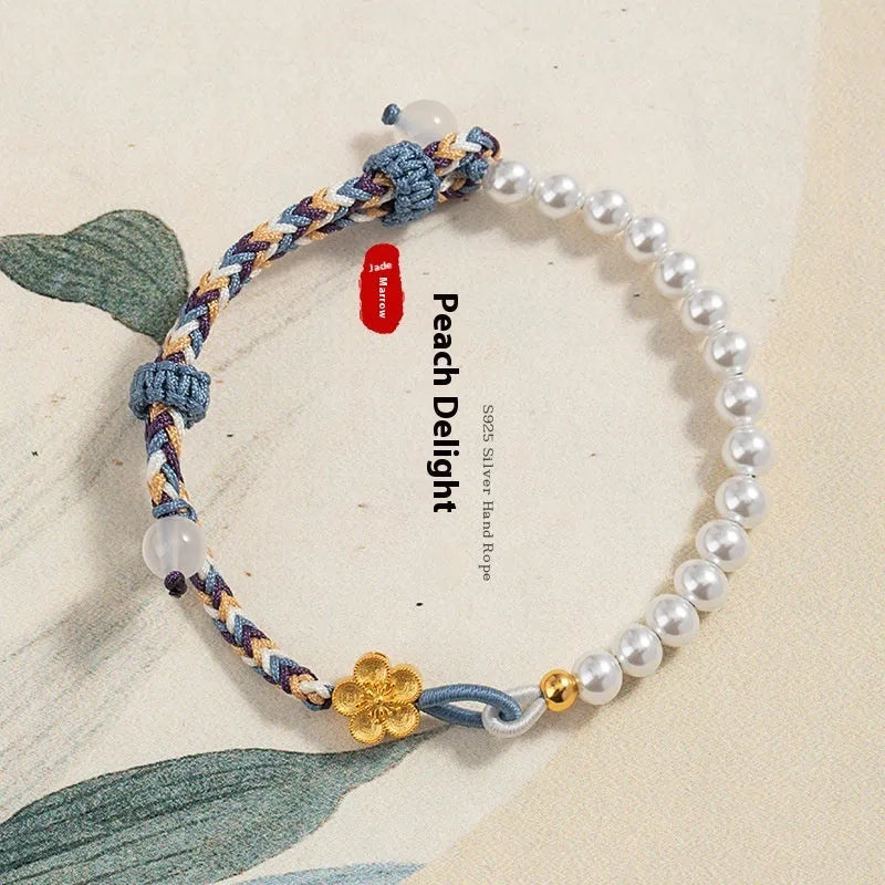 Peach-coloured chalcedony carrying strap bracelet with Chinese flower weaving and pearl accents