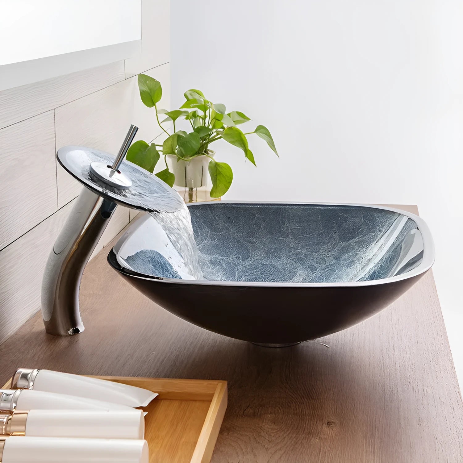 Pure colour tempered glass table basin in blue gray foil finish for bathroom inter-platform use