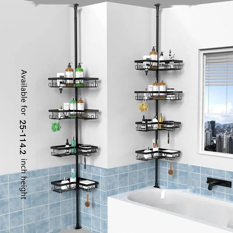 Four-tier retractable bathroom storage rack with stainless steel and iron construction
