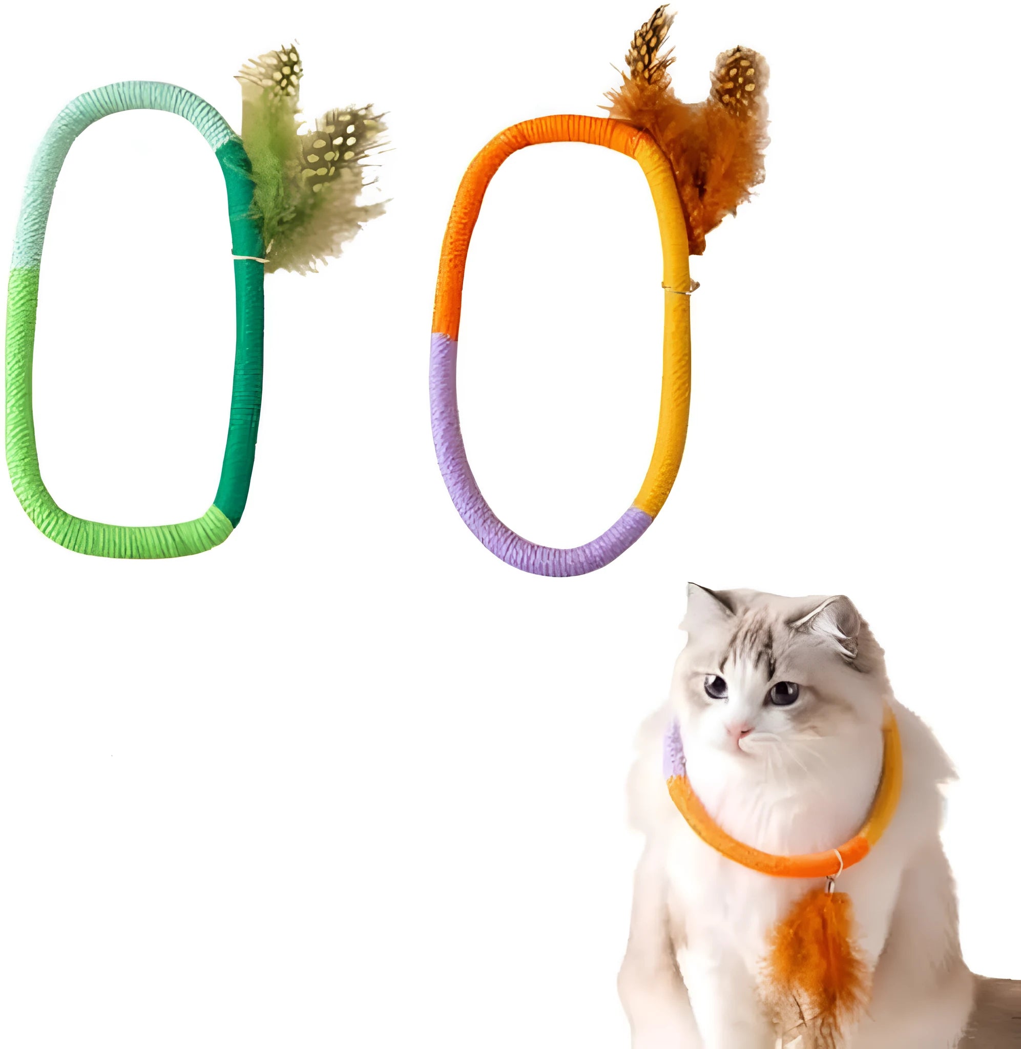 Circular cotton rope cat toy with feathers and catnip, measuring 25cm, in green colour
