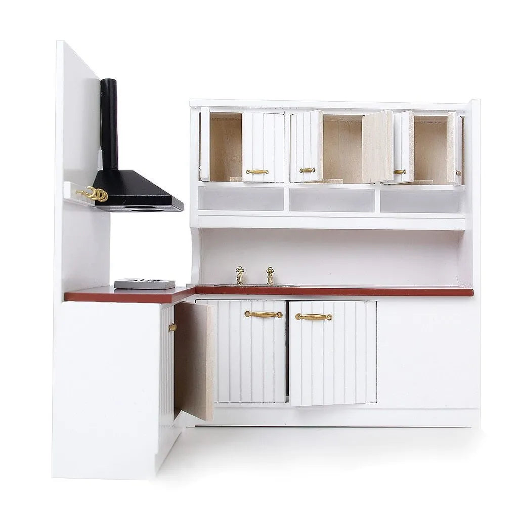 Two-piece white birch wood dollhouse kitchen cabinet set with sink and stove units with doors open showing interior