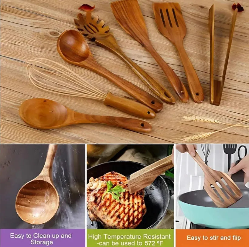 Seven wooden cooking utensils including spoon and spatula for non-stick pans with anti-scald handles