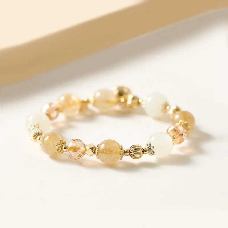 Gold electroplated rutilated quartz bracelet with crystal beads in Korean style design
