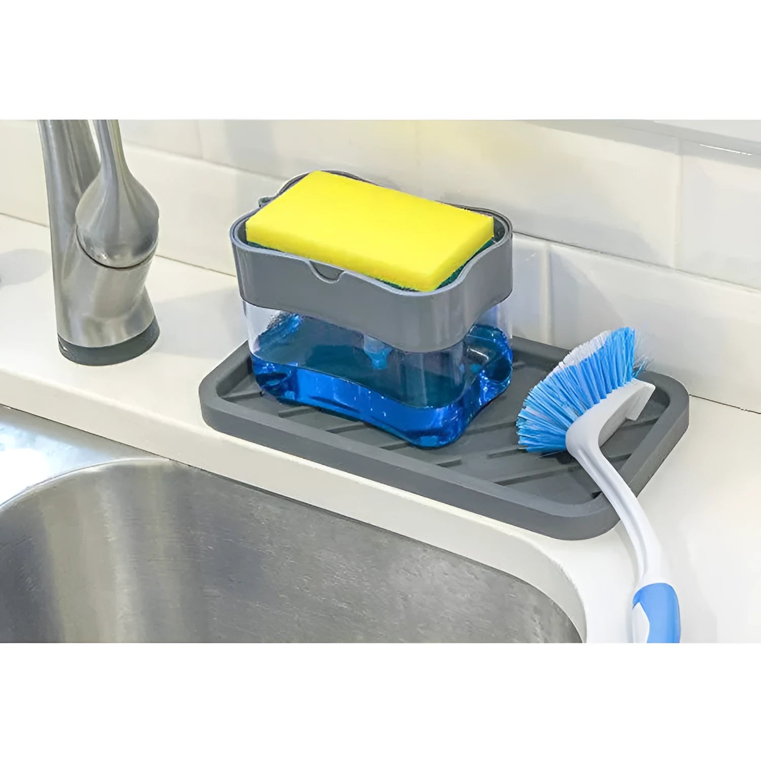Compact plastic kitchen soap dispenser in silver, 14.5 cm tall, on a countertop