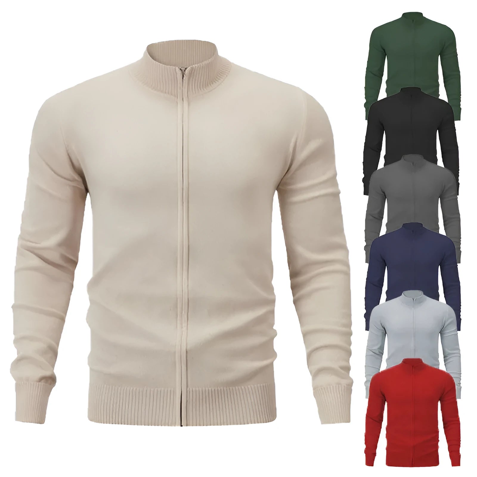 Casual zip-front sports sweater with a stand collar in a solid colour.