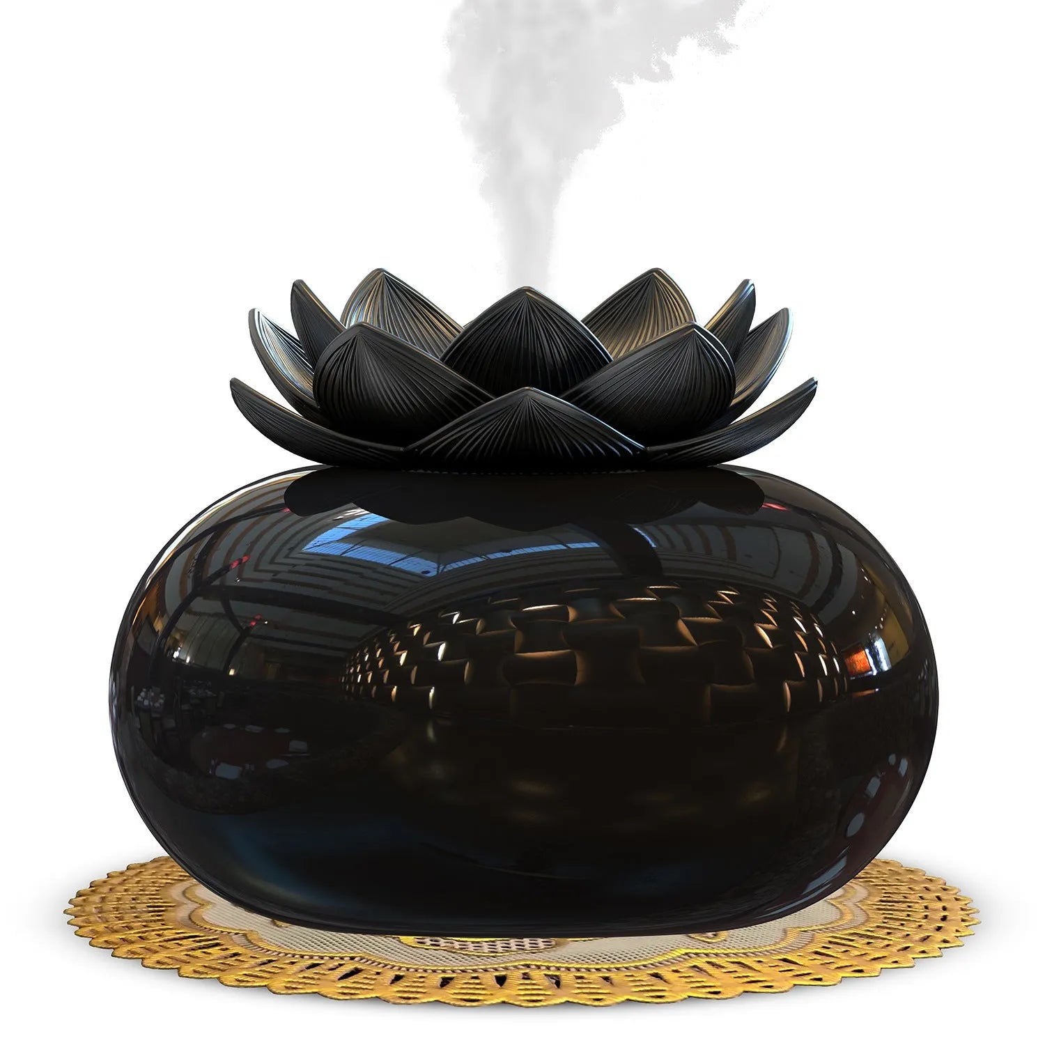 Pure black USB lotus-shaped ultrasonic humidifier and aromatherapy diffuser on a desk.