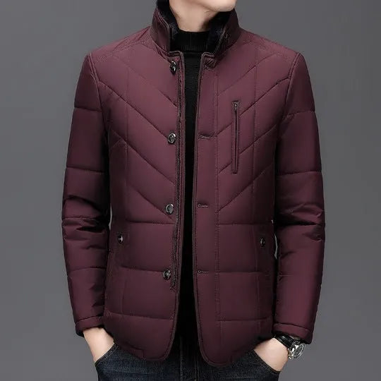 Men's dark blue winter short cotton-padded coat with side seam pockets on a size chart