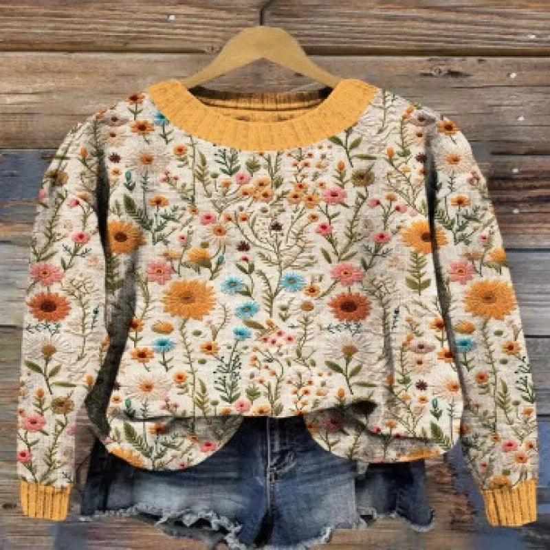 Women's floral printed round neck sweater in polyester available in multiple colours and sizes