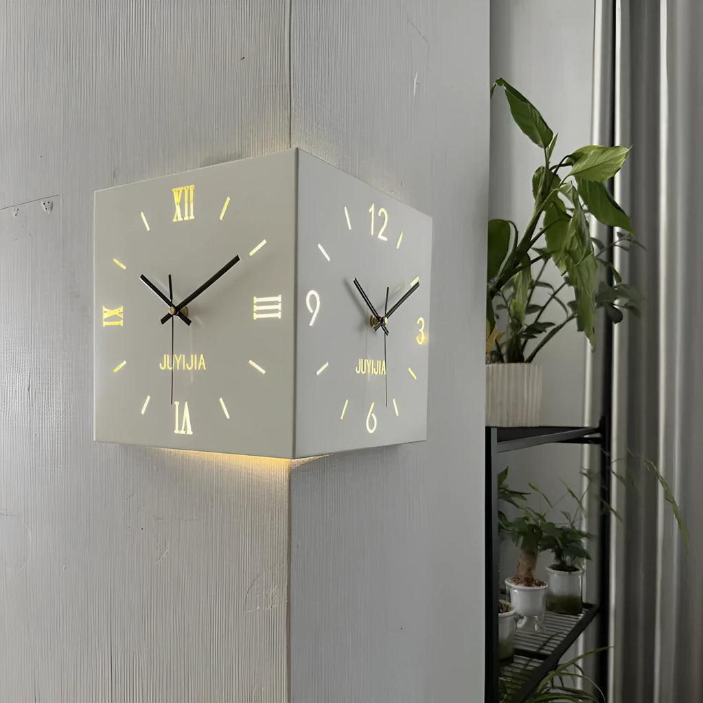 Double-sided decorative wall clock with metal shell, 26x26cm, Rome with lights, modern simplicity style for bedroom or living room corner