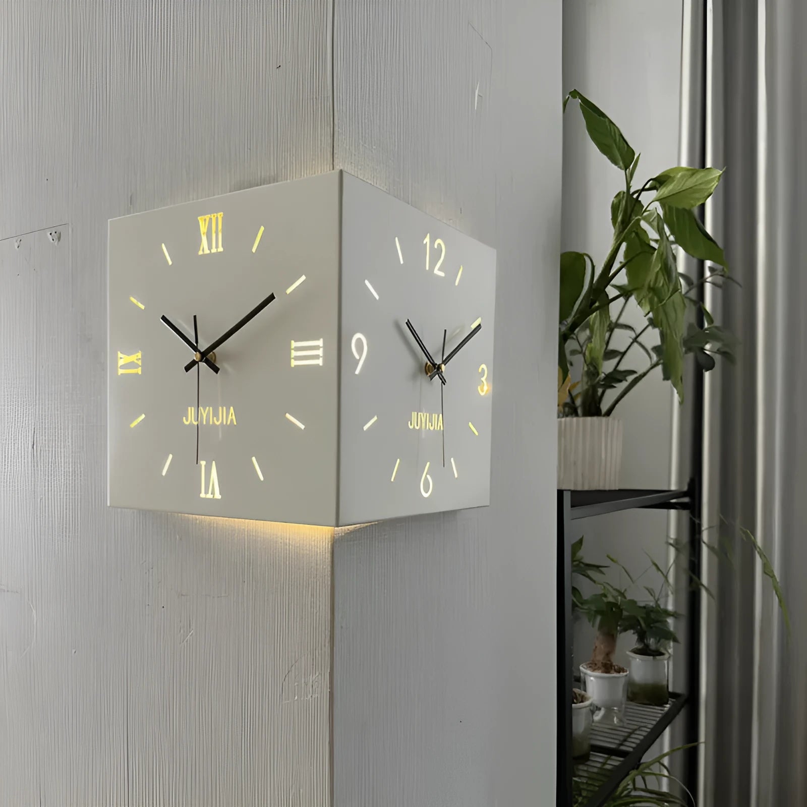 Double-sided decorative wall clock with metal shell, 26x26cm, Rome with lights, modern simplicity style for bedroom or living room corner