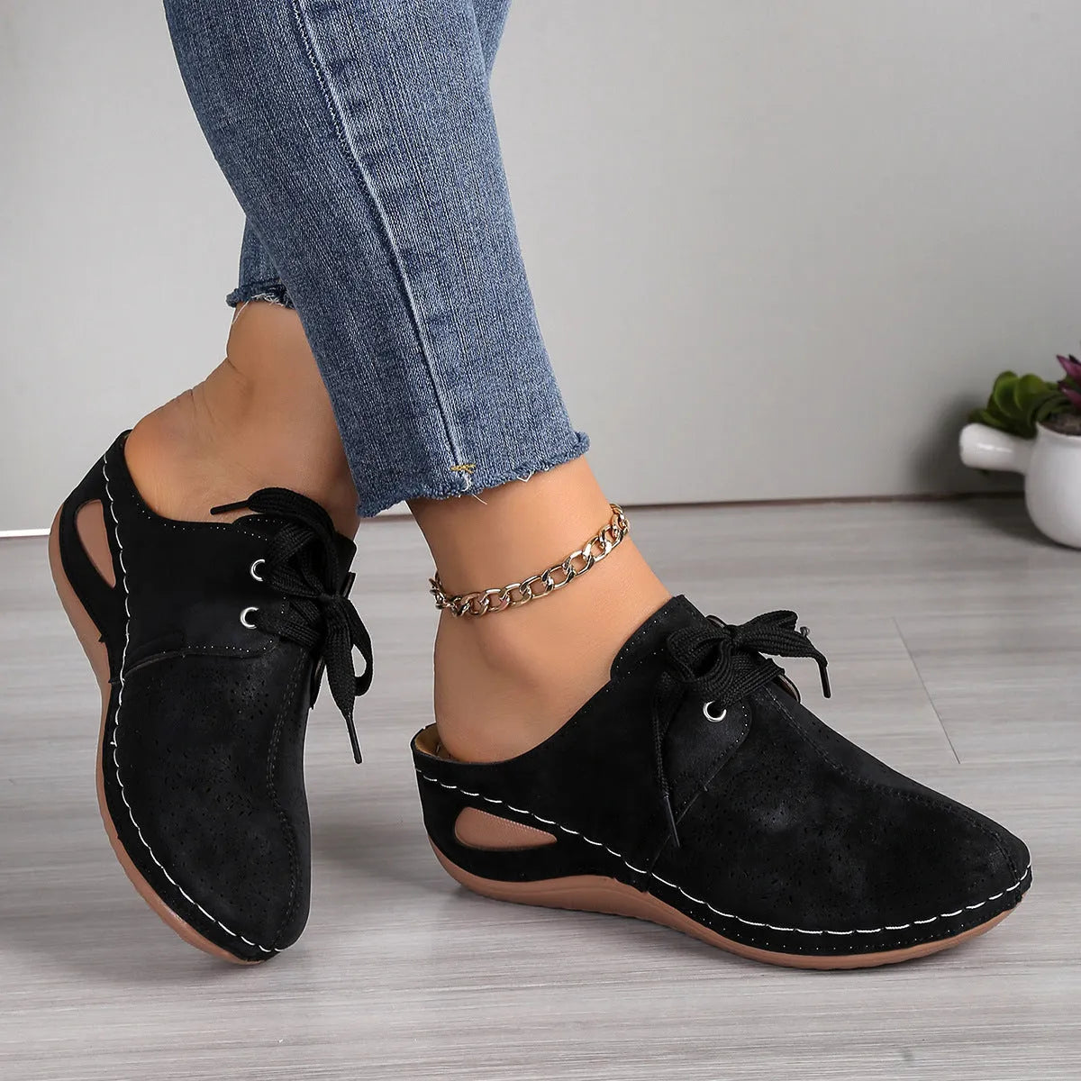 Women's black lace-up baotou wedge sandals with hollow out design and rubber sole