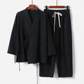 Cardigan hanfu two-piece suit in cotton and linen with shirt-style top and trousers