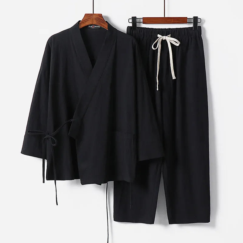 Cardigan hanfu two-piece suit in cotton and linen with shirt-style top and trousers