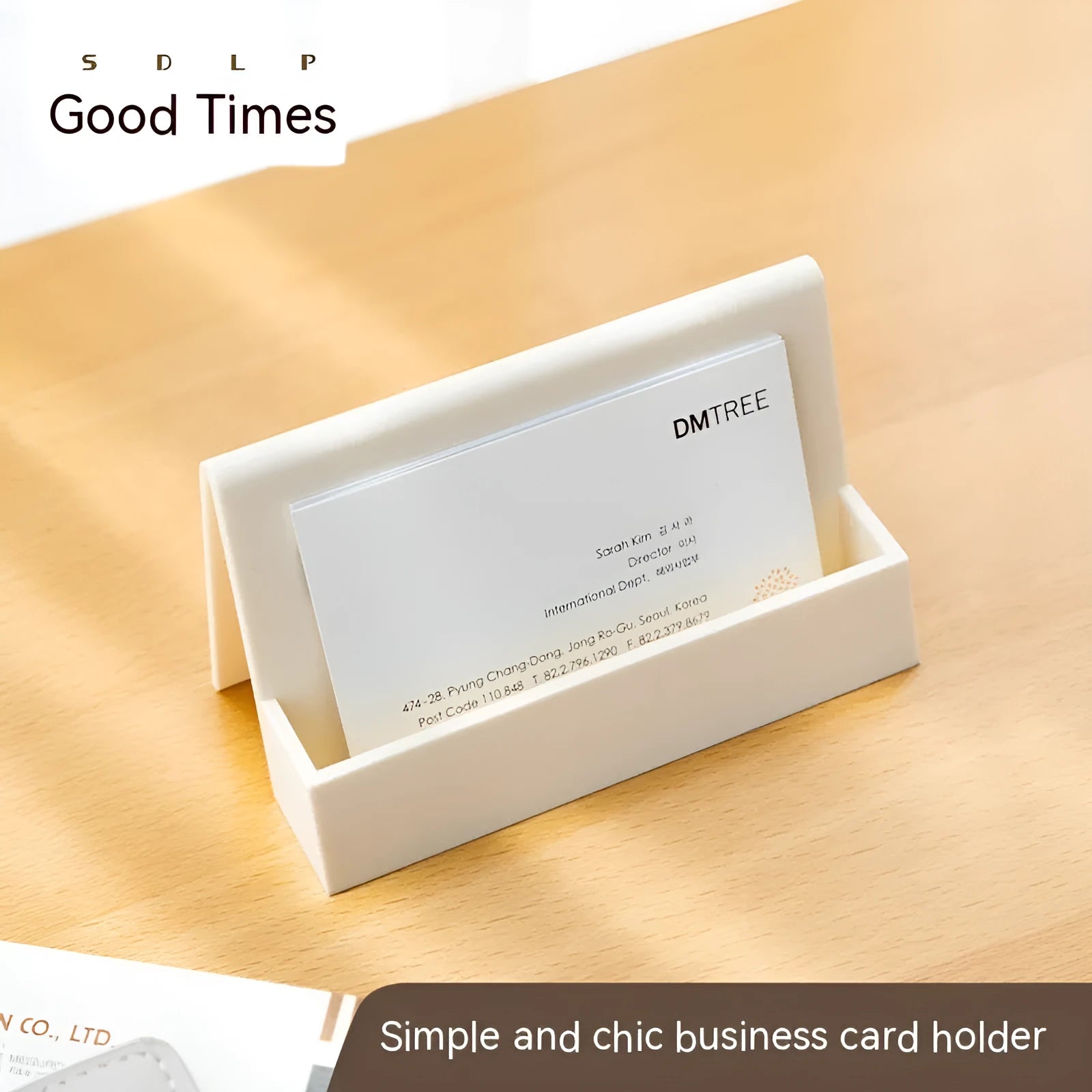 Creative business card storage display stand in geometric PS material, holds 20 cards, available in six colours