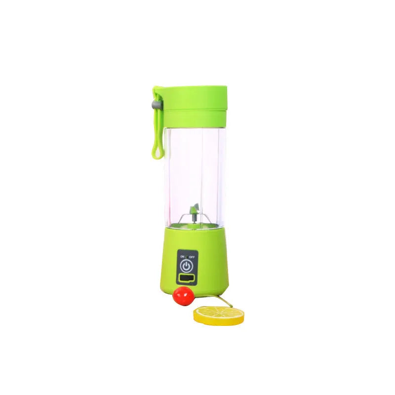 Mini USB electric centrifugal juicer with stainless steel blade, anti-slip base, and rope handle in blue plastic housing