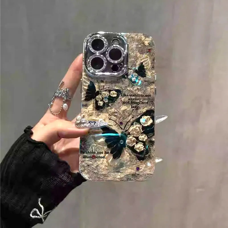 Retro brown butterfly acrylic phone case with lens bracket for Apple iPhone