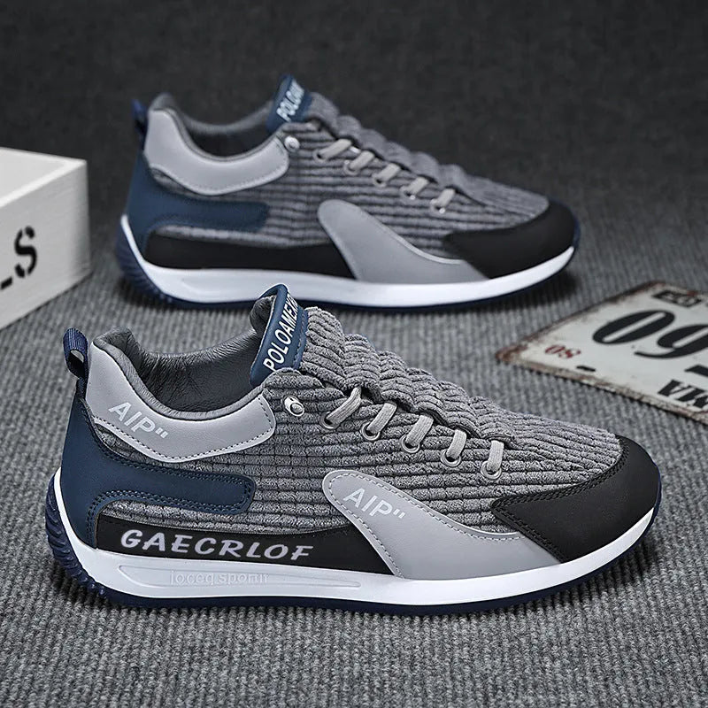 Men's grey mesh running shoes with lace-up design and round toe