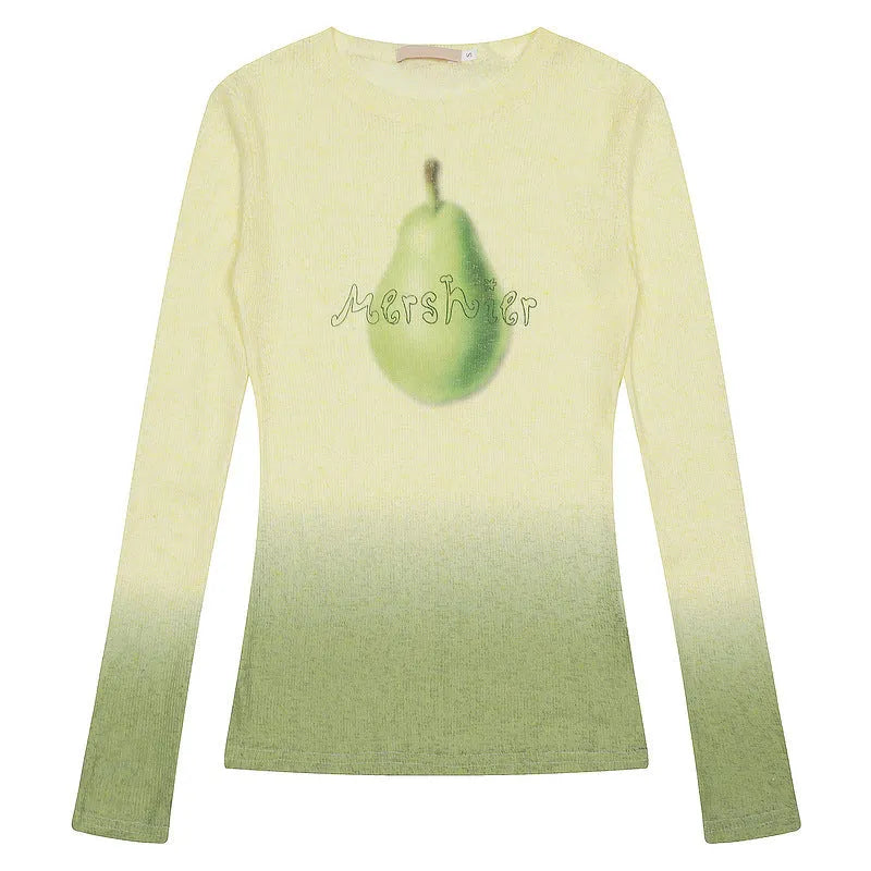 Gradient flower long-sleeved T-shirt for women in light pink, thin polyester fabric