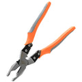Orange multi-function wire cutter pliers with chrome steel head and textured black PVC handles on a workbench.
