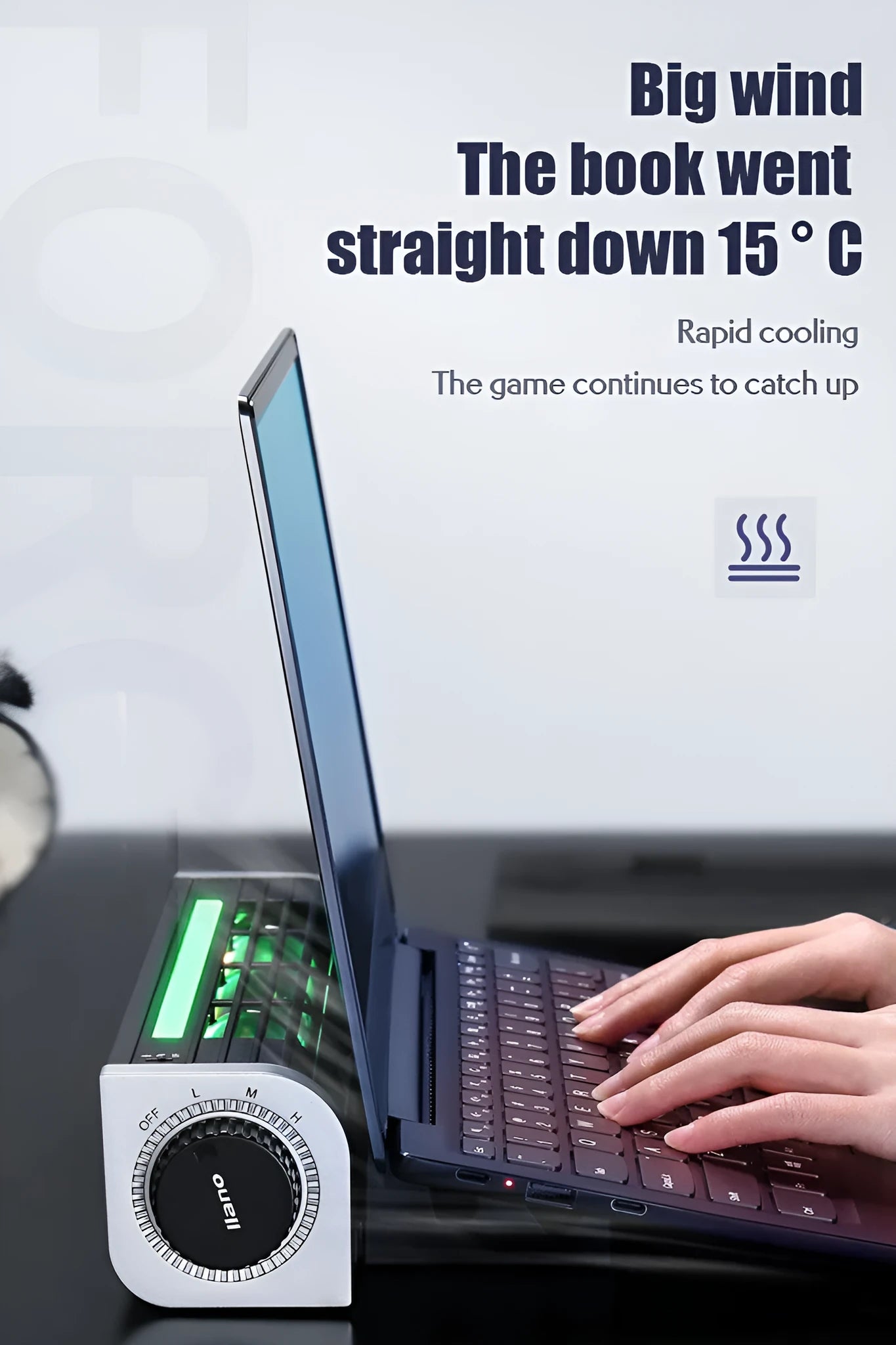 Black notebook cooling stand with dual USB fans measuring 294mm long