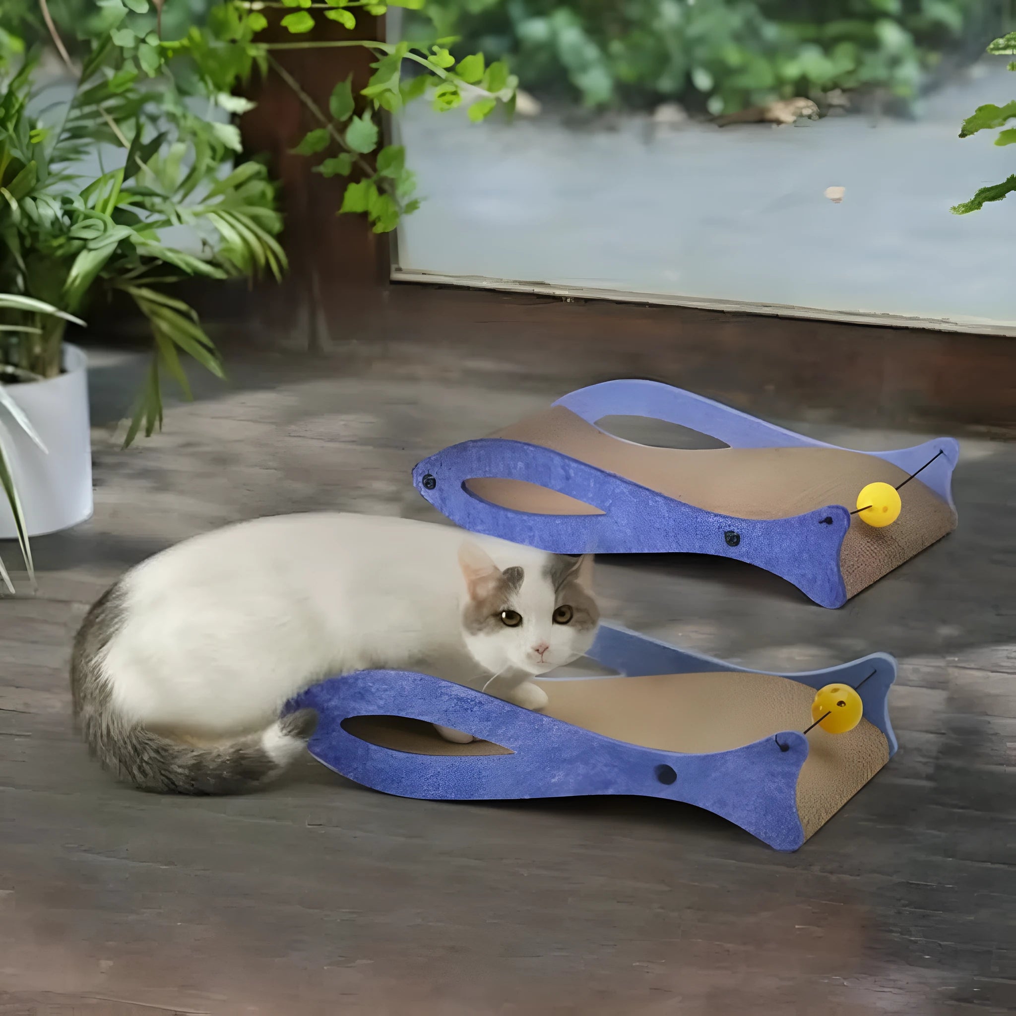 Blue fish-shaped cardboard cat scratcher lounge with integrated bell ball toy.