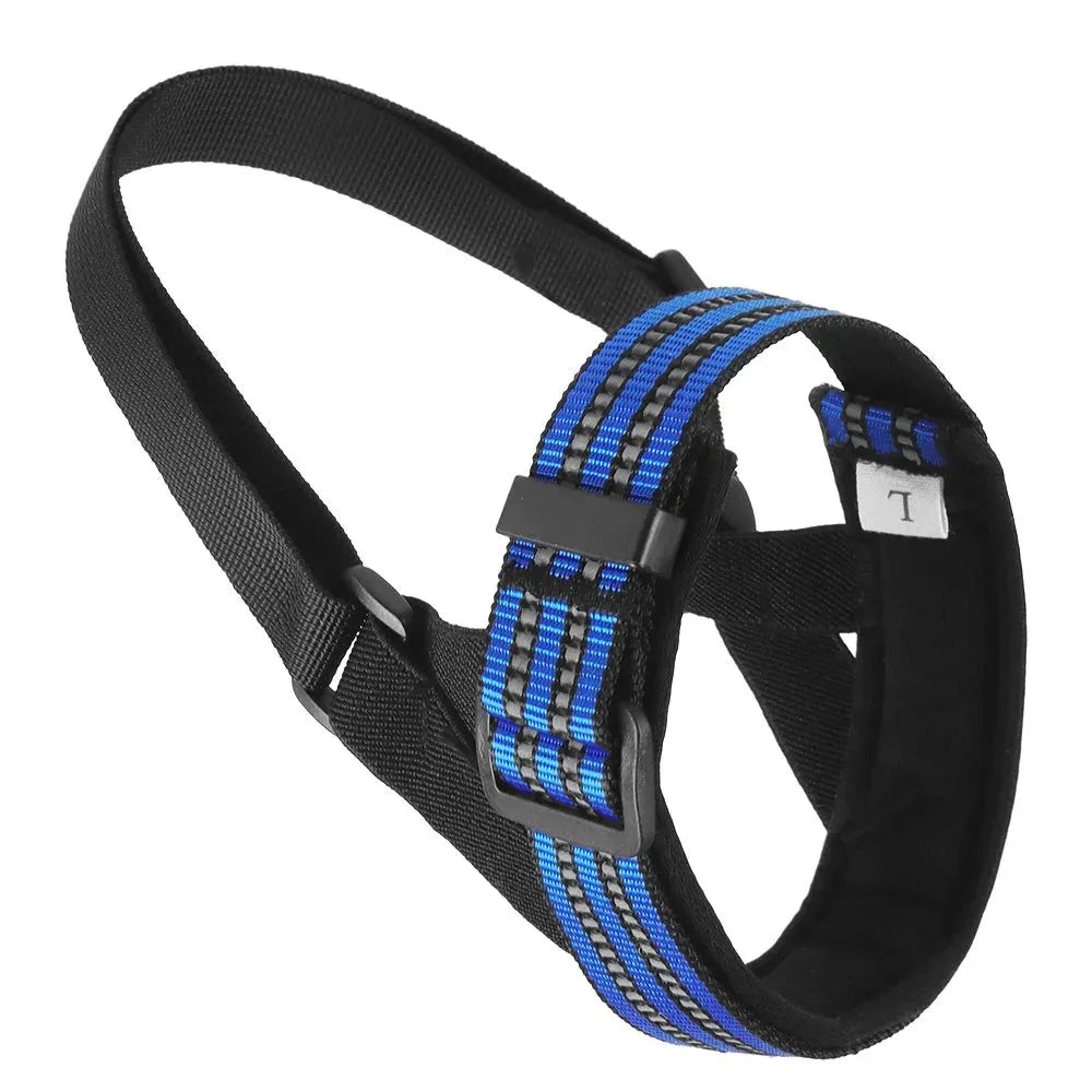 Anti-biting reflective dog muzzle for medium large dogs, adjustable nylon with breathable mesh, available in black blue khaki red