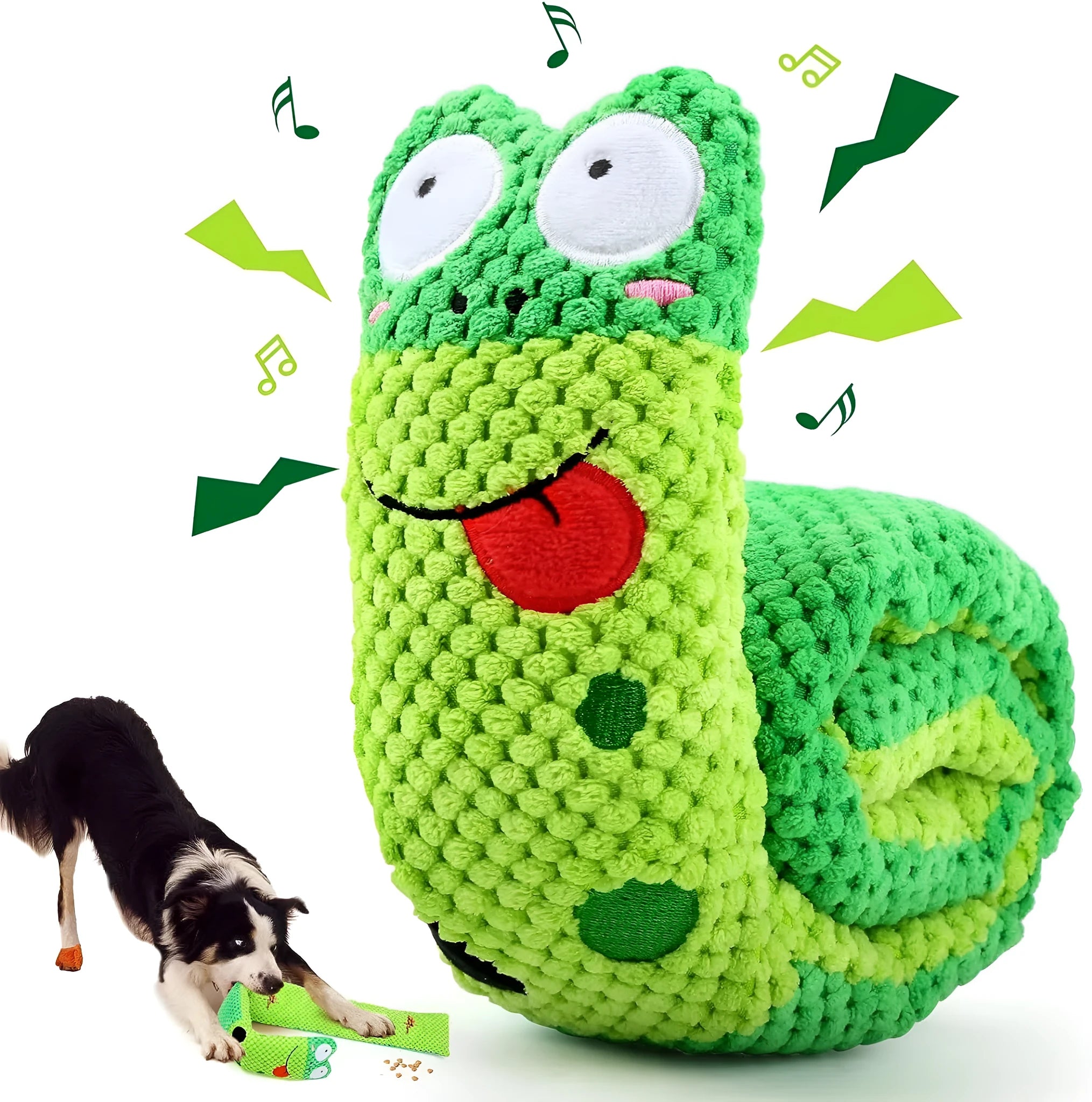 Transformable squeaky dog snuffle toy shown in snail and stick shapes for foraging games.
