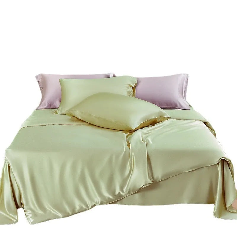 Solid colour silk duvet cover in lotus pink showing plain weave texture and double-sided design.