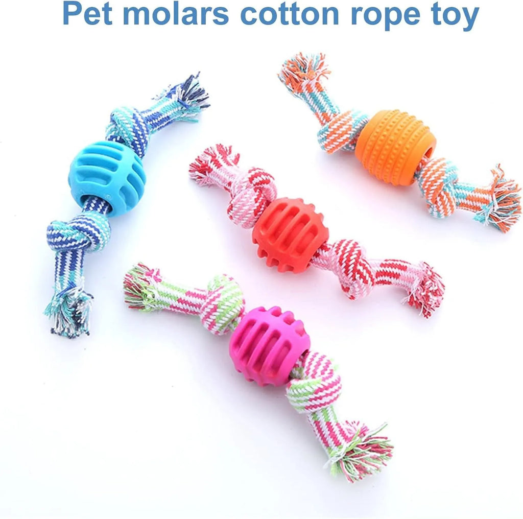 Blue molar-shaped dog chew toy with integrated rope elements for dental cleaning