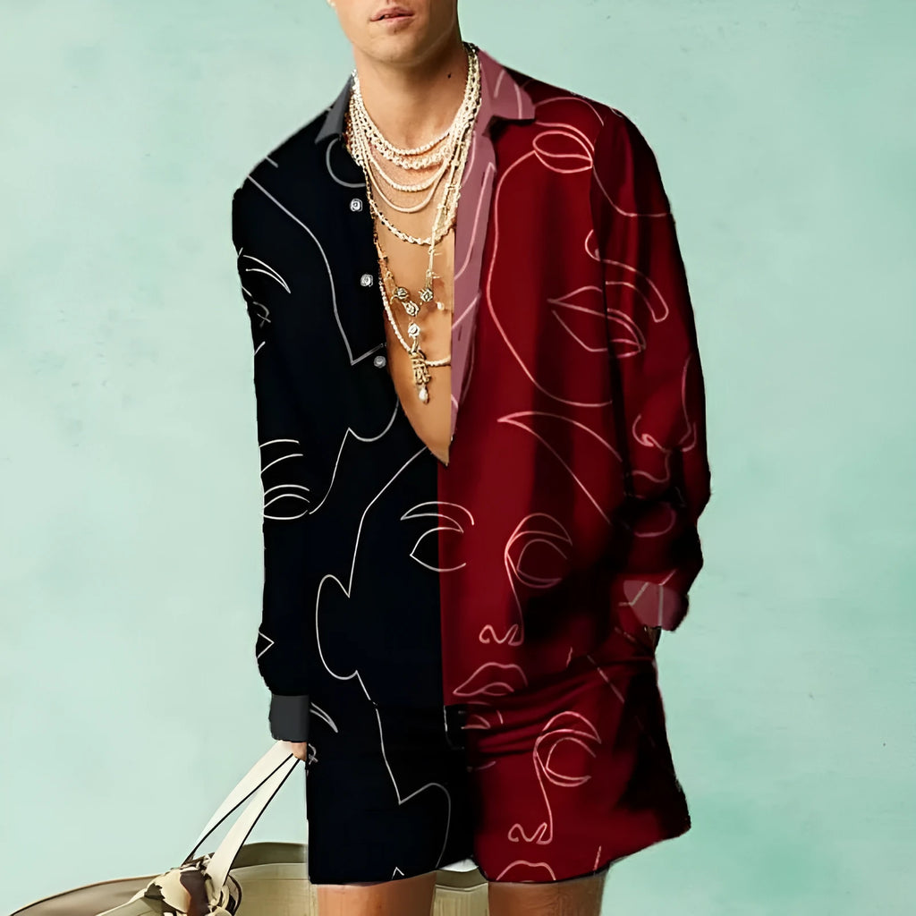 Men's slim fit casual summer outfit with long sleeve shirt and matching shorts on a neutral background.