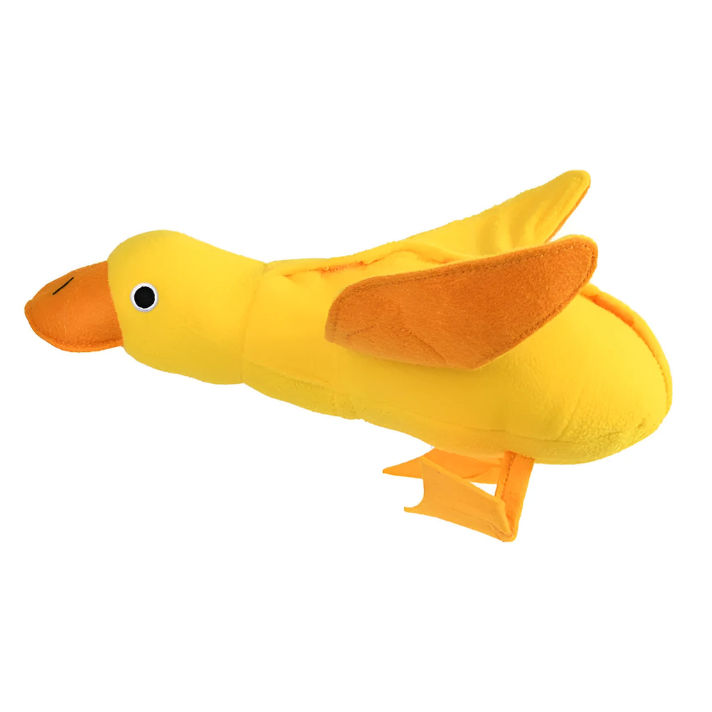 Yellow plush teddy duck dog toy with sound mechanism and treat leak hole for pet training