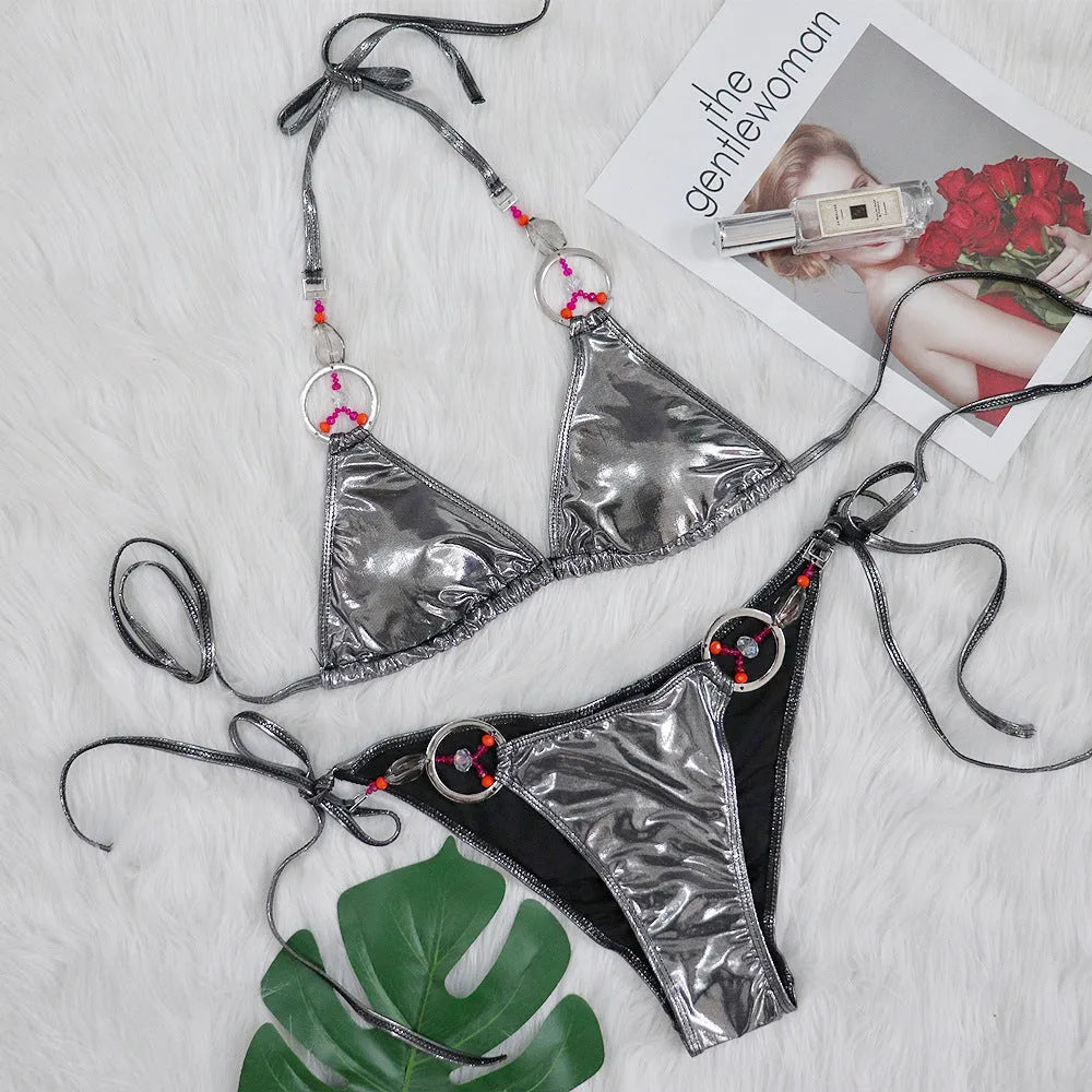 Women's silver solid colour split bikini swimsuit set on female model