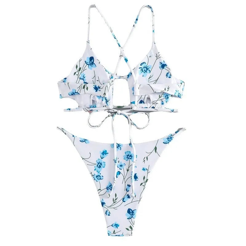 Women's floral tie-neck triangle swimsuit set with polyester lining and matching shorts in multiple colours sizes XS to XL.