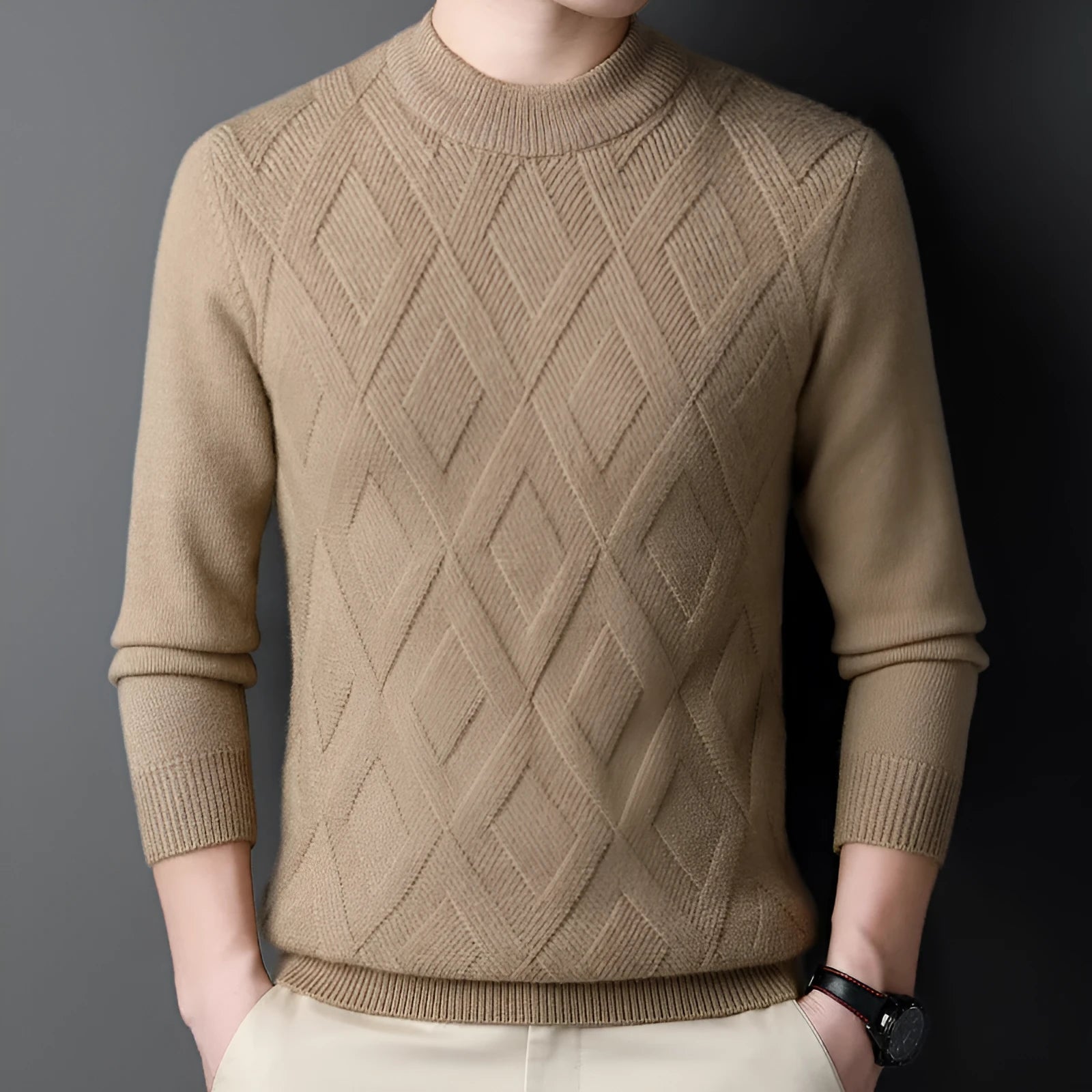 Men's grey diamond jacquard knit wool blend pullover sweater on a hanger.