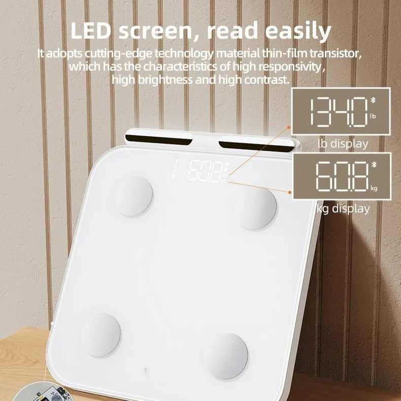 White professional body fat scale with 8 electrodes and LED display on tempered glass platform